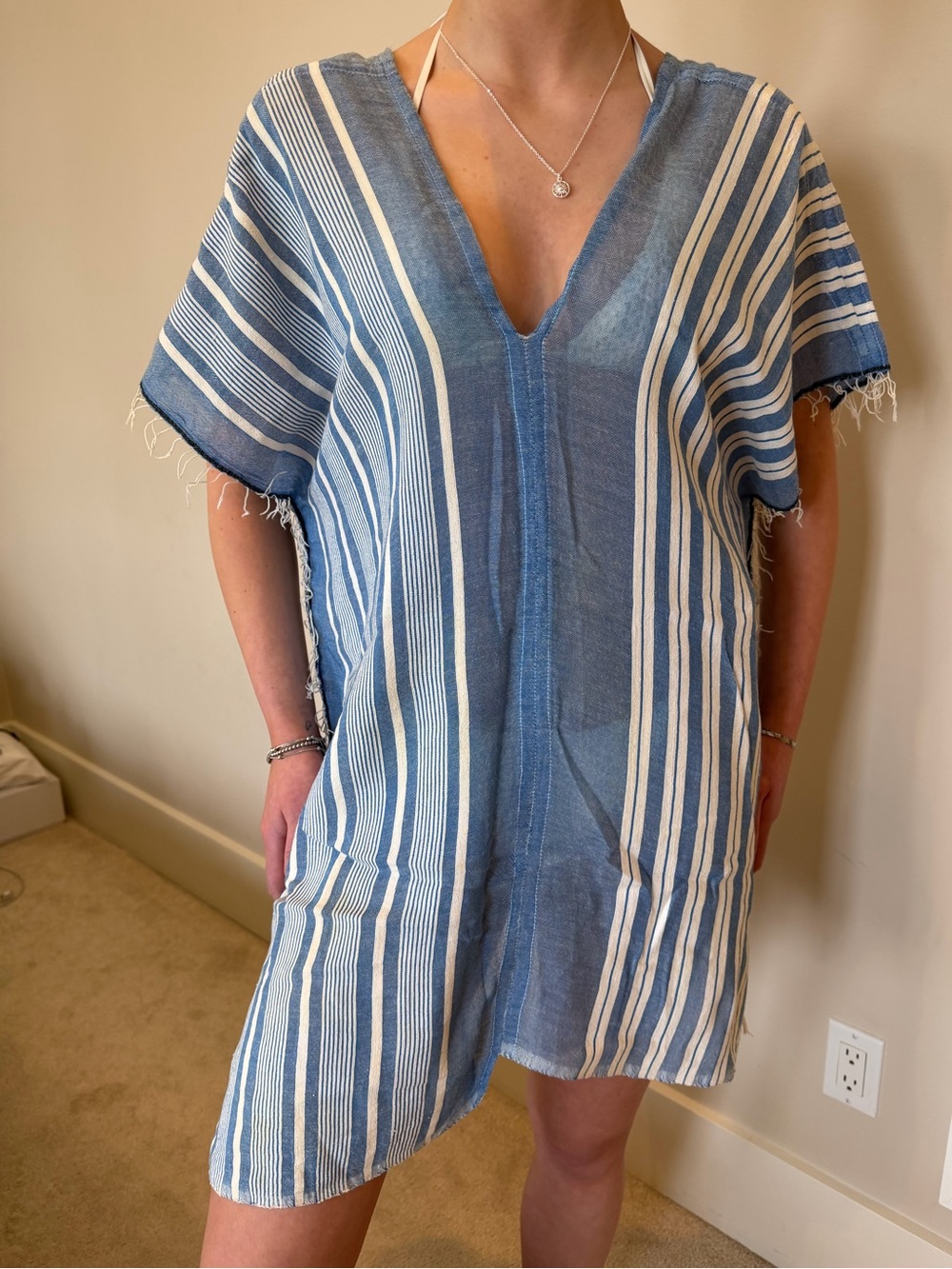 Lemlem Blue and White Striped Swim Coverup Caftan
